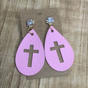 Pink Teardrop Cross Earrings